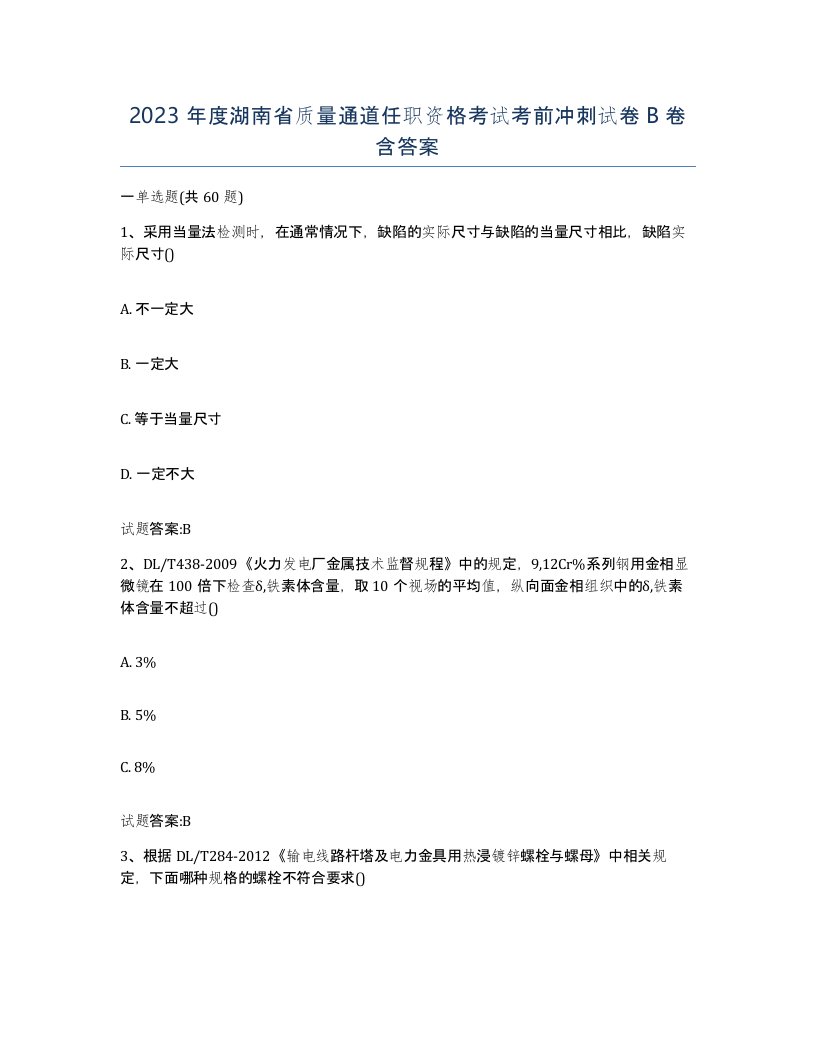 2023年度湖南省质量通道任职资格考试考前冲刺试卷B卷含答案