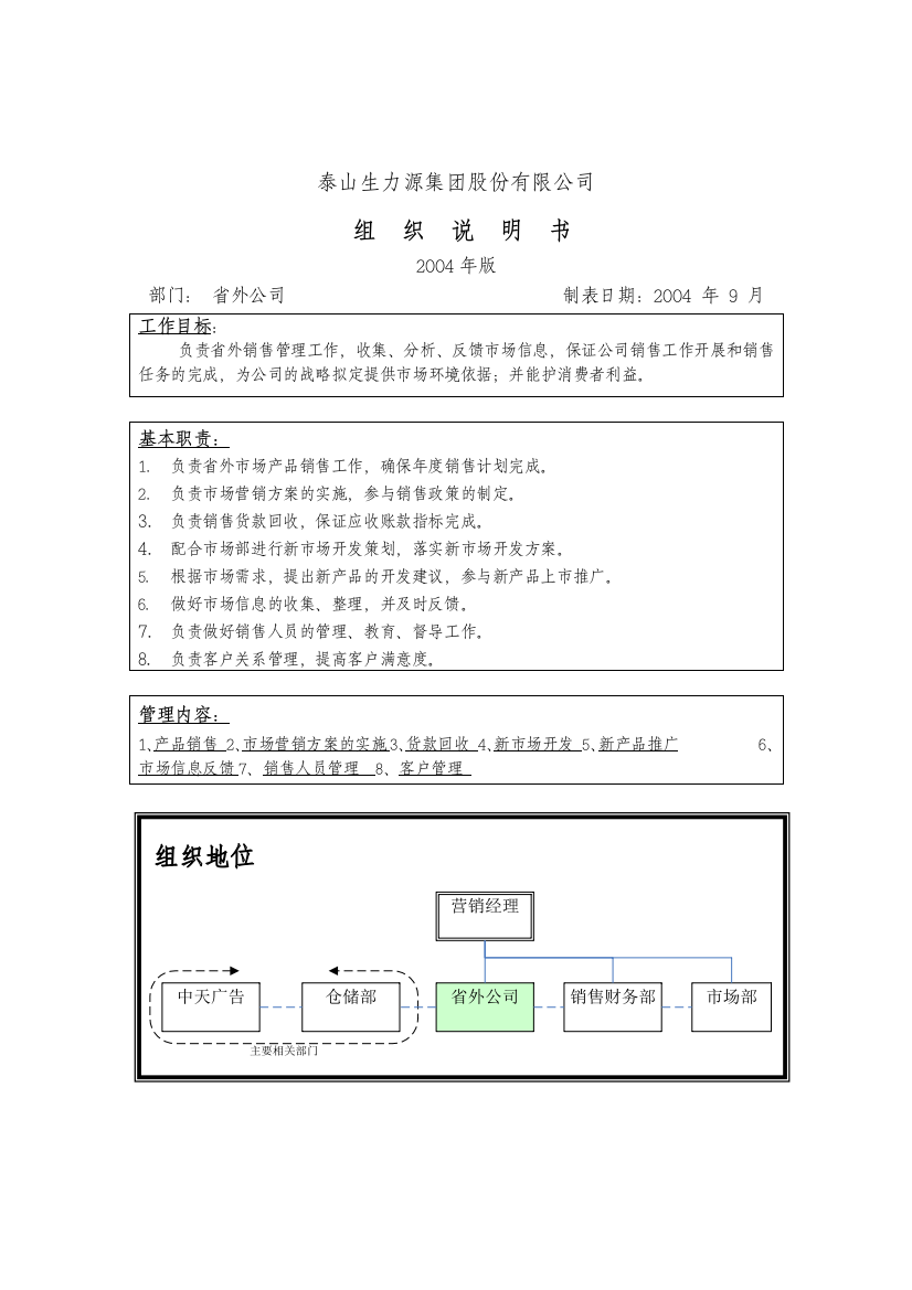 省外公司组织说明书