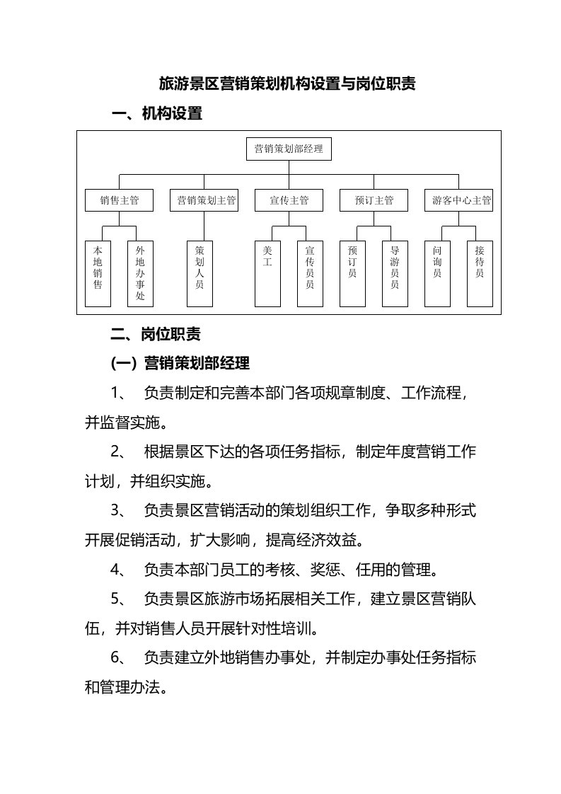 旅游景区营销策划机构设置与岗位职责