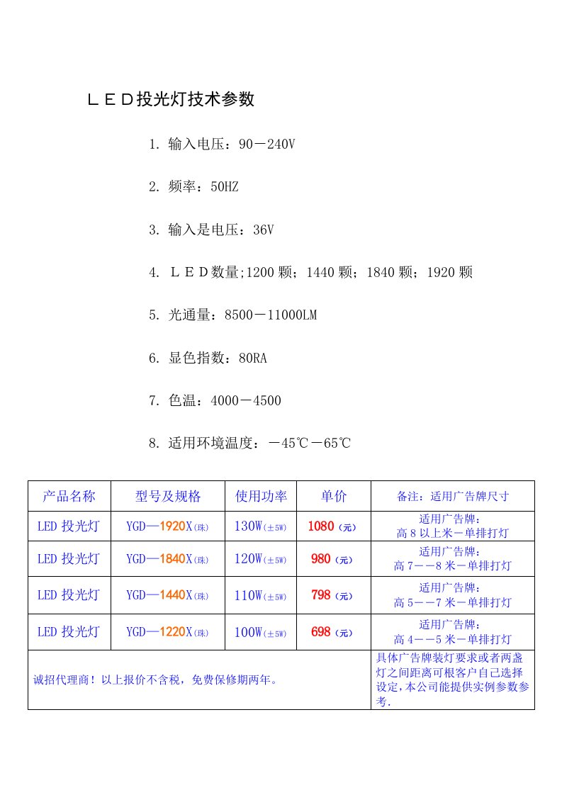 LED投光灯技术参数.doc