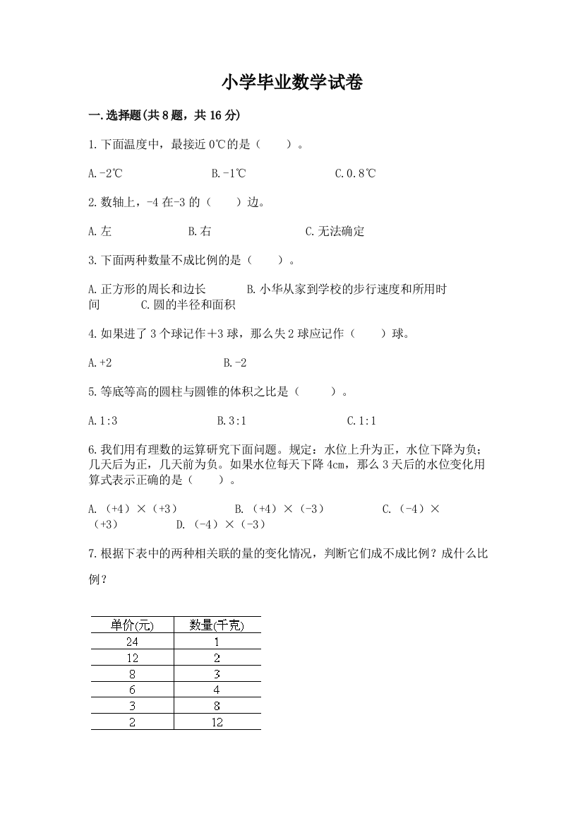 小学毕业数学试卷及参考答案（满分必刷）