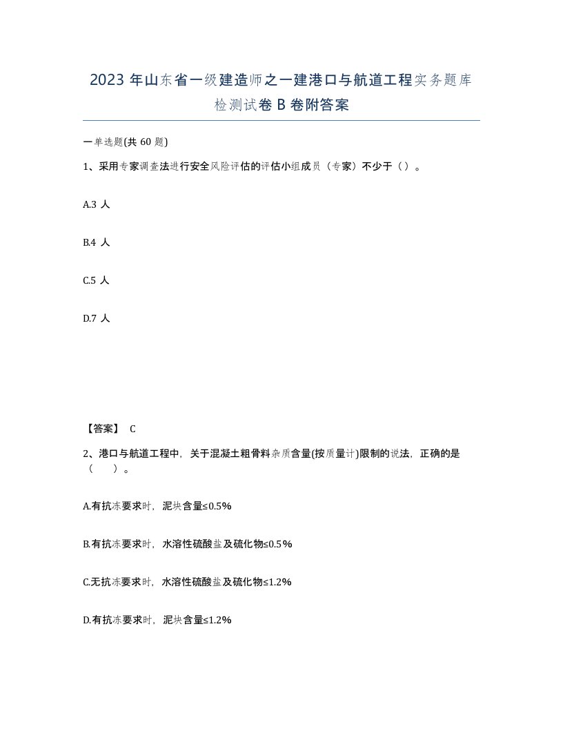 2023年山东省一级建造师之一建港口与航道工程实务题库检测试卷B卷附答案