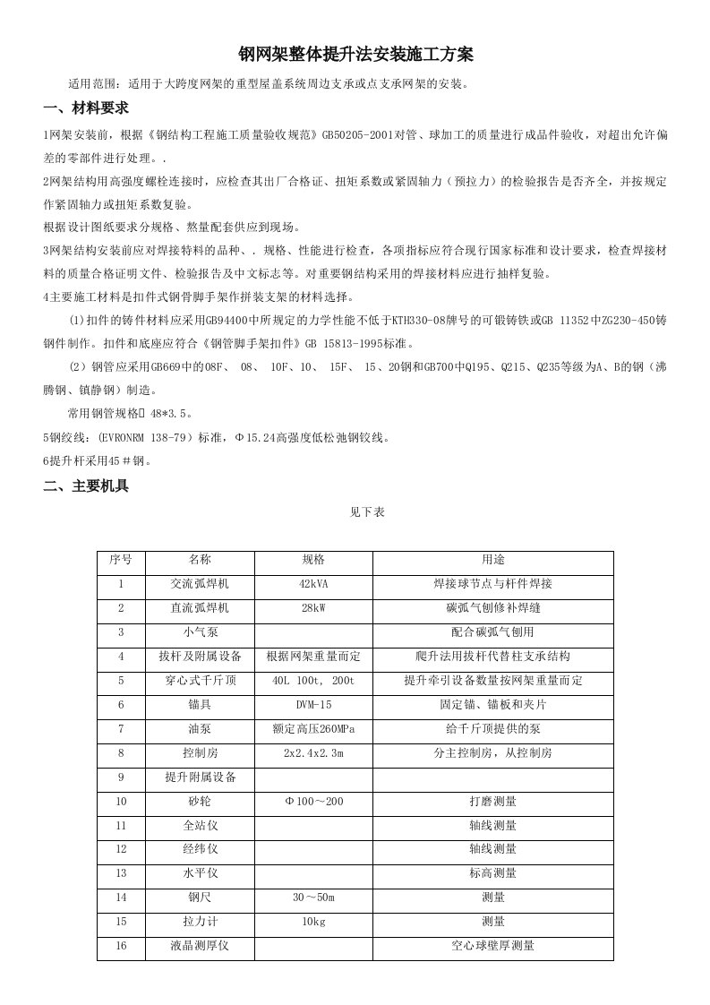 钢网架整体提升法安装施工方案