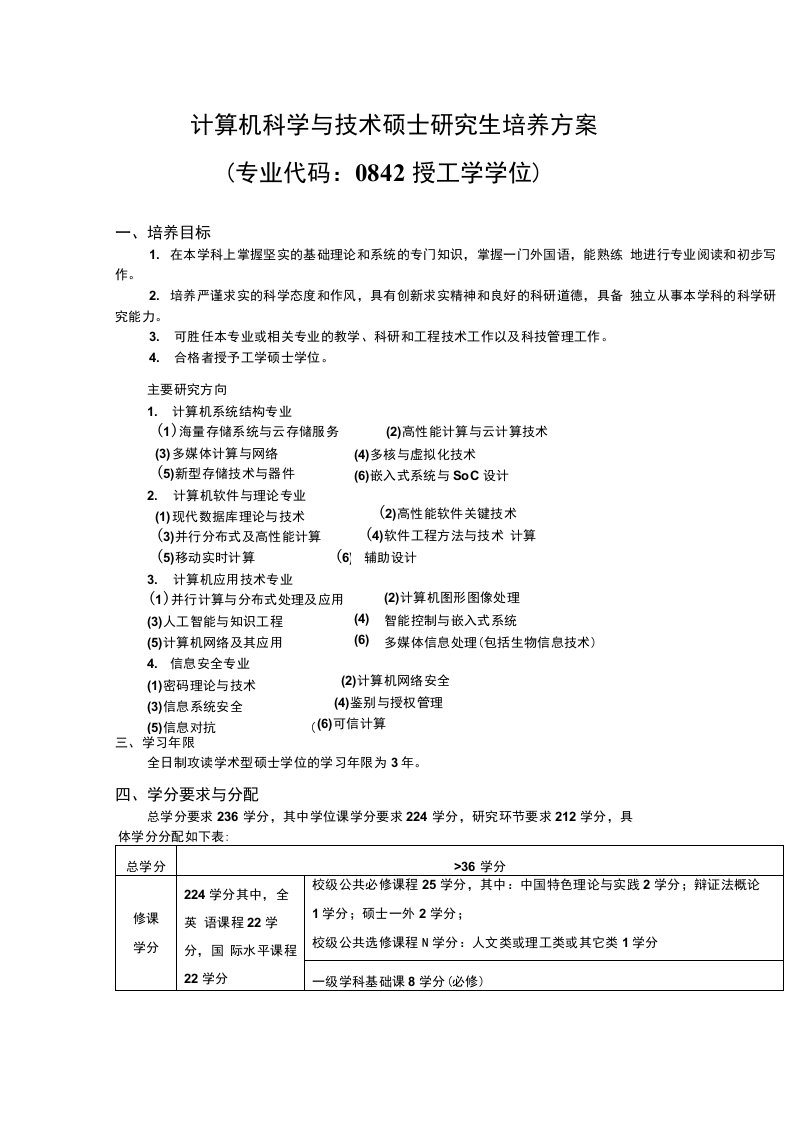 计算机科学与技术硕士研究生培养方案