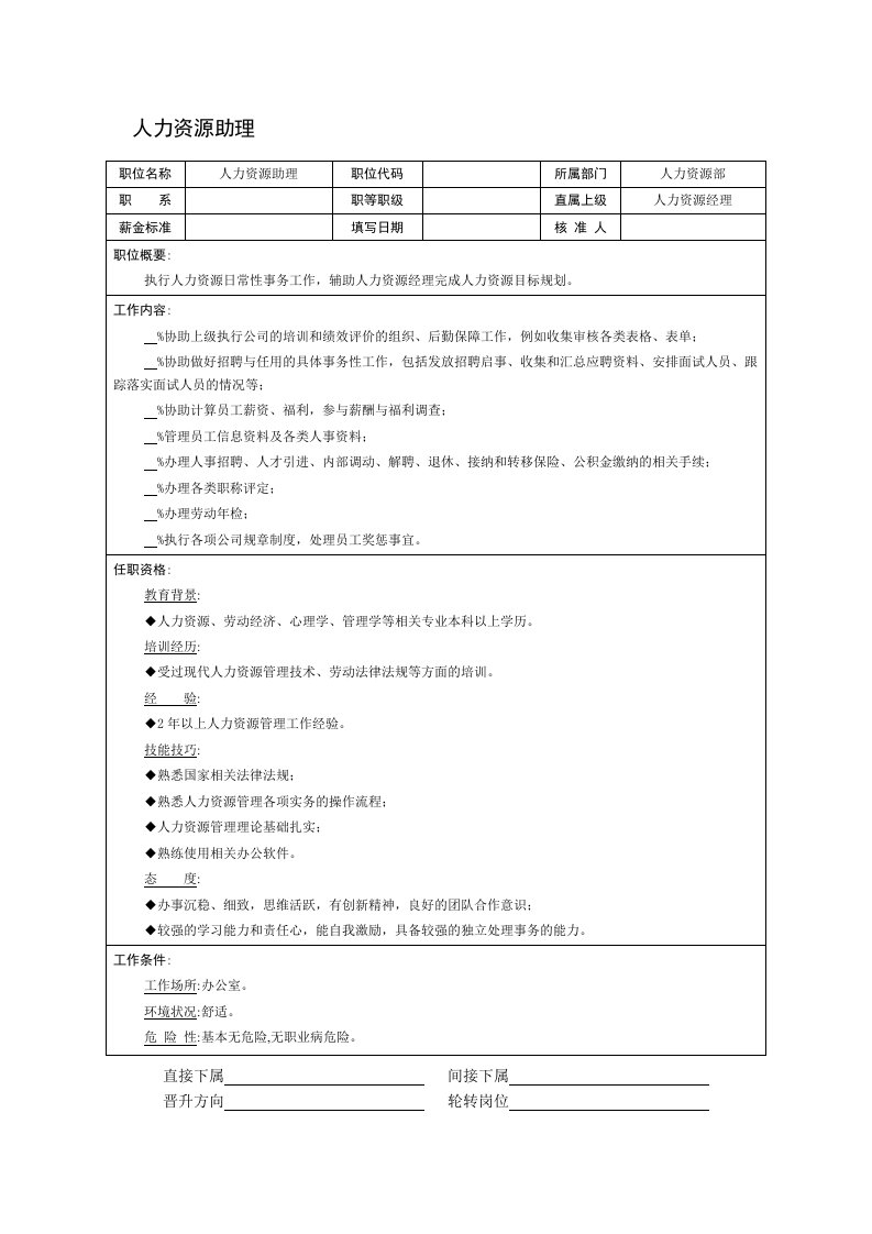 办公文秘-人力资源助理职位说明书