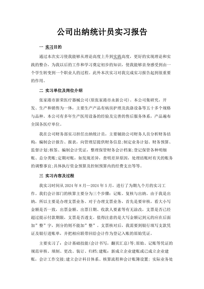 公司出纳统计员实习报告范文