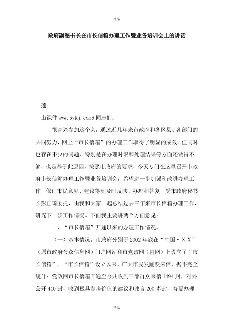 政府副秘书长在市长信箱办理工作暨业务培训会上的讲话（报告）