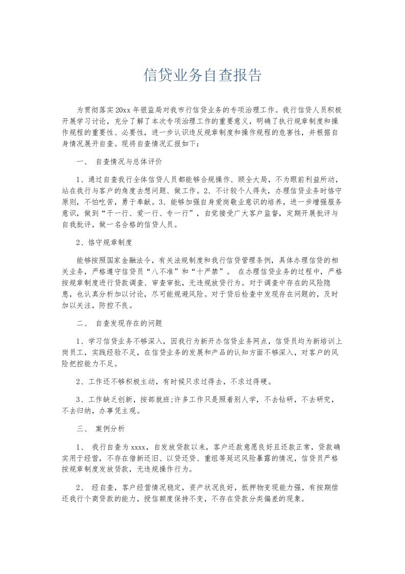 总结报告信贷业务自查报告