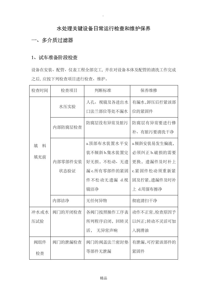 多介质过滤器、超滤、保安过滤器、反渗透日常运行检查和维护保养