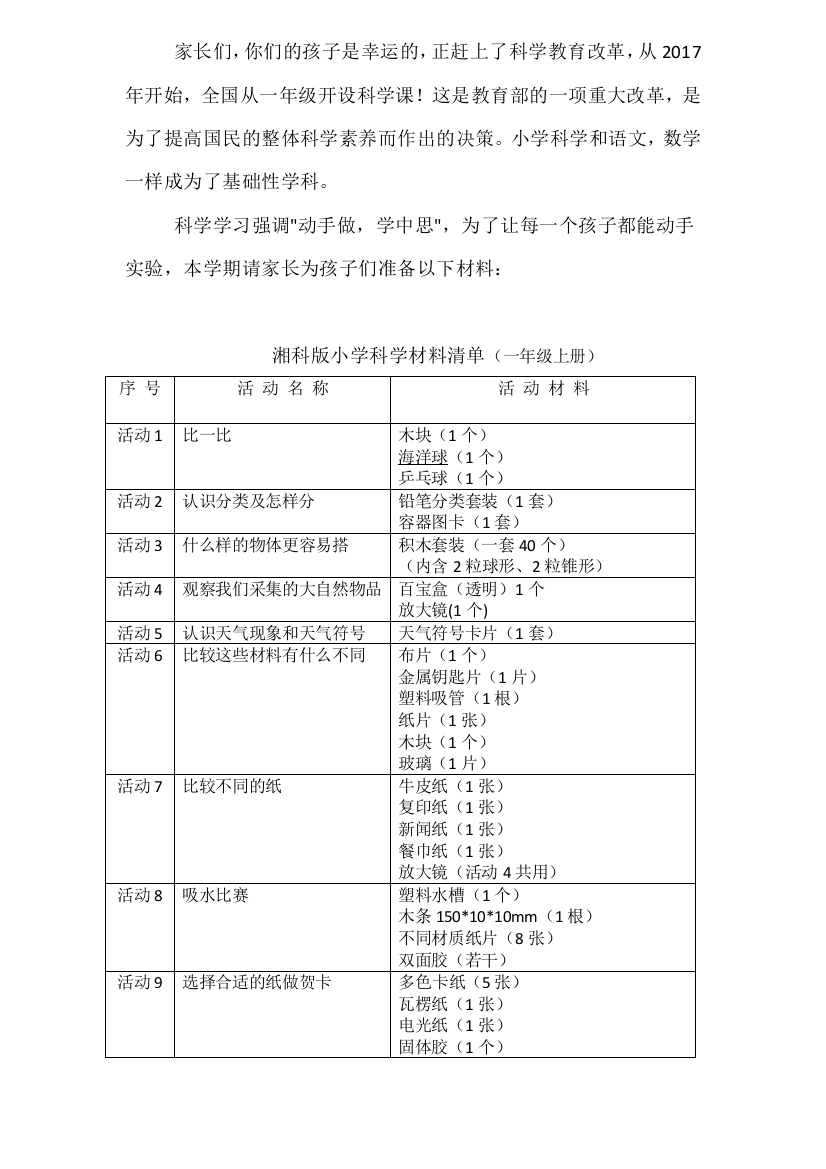 湘科版一年级上册材料介绍