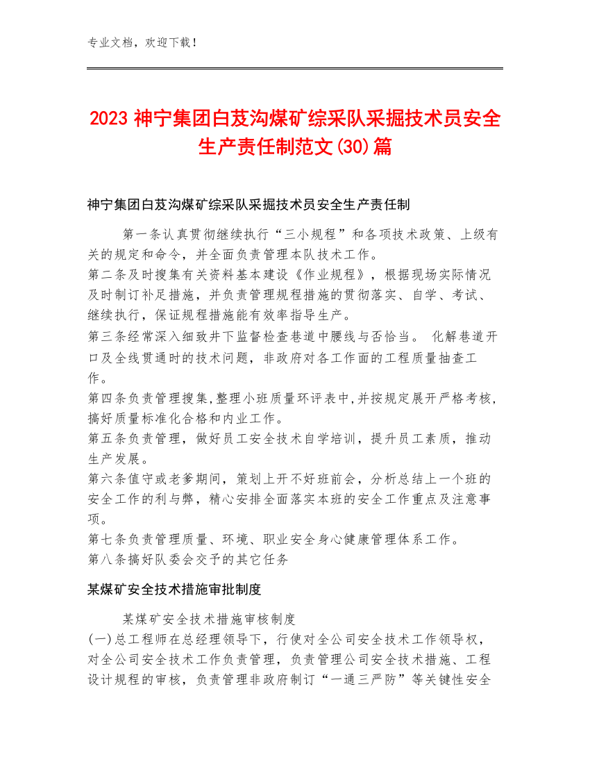 2023神宁集团白芨沟煤矿综采队采掘技术员安全生产责任制范文(30)篇