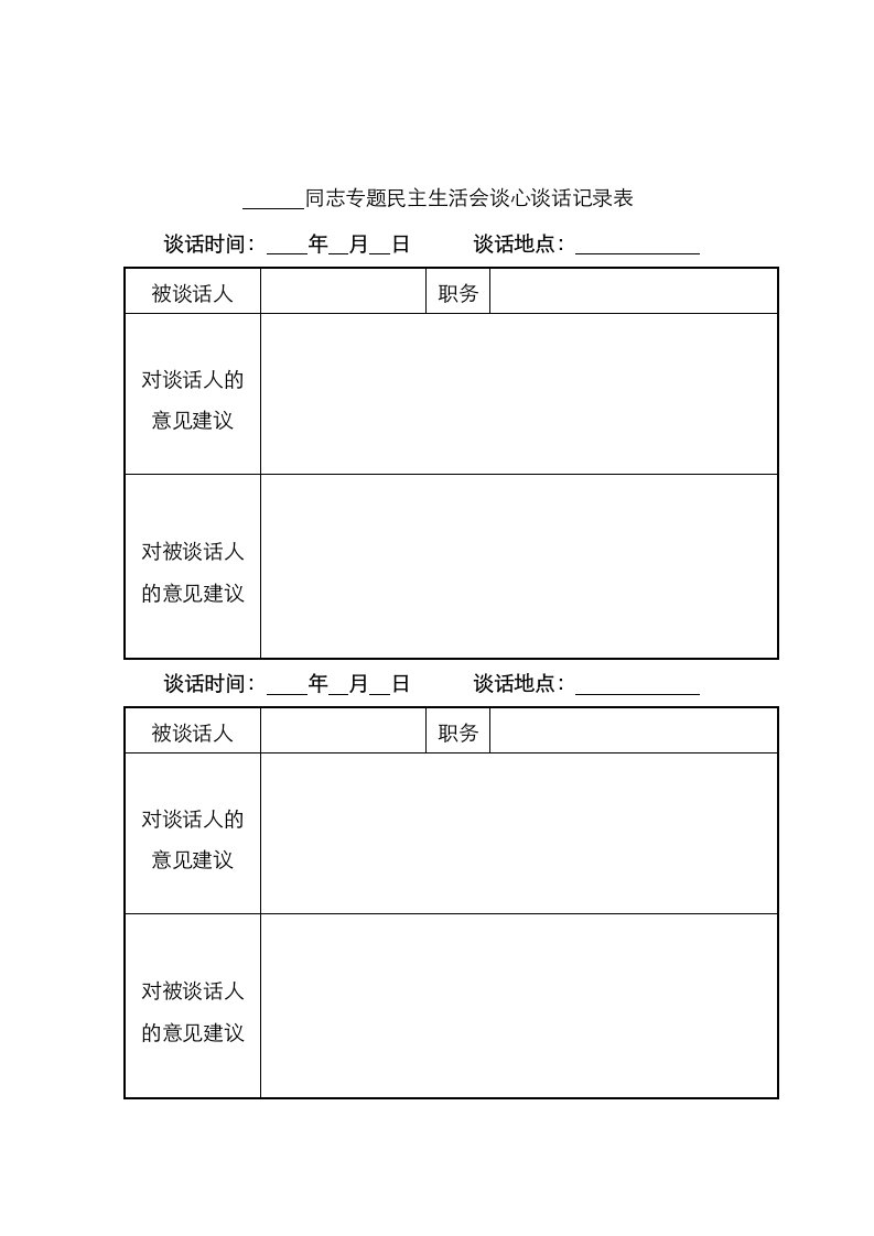 同志专题民主生活会谈心谈话记录表