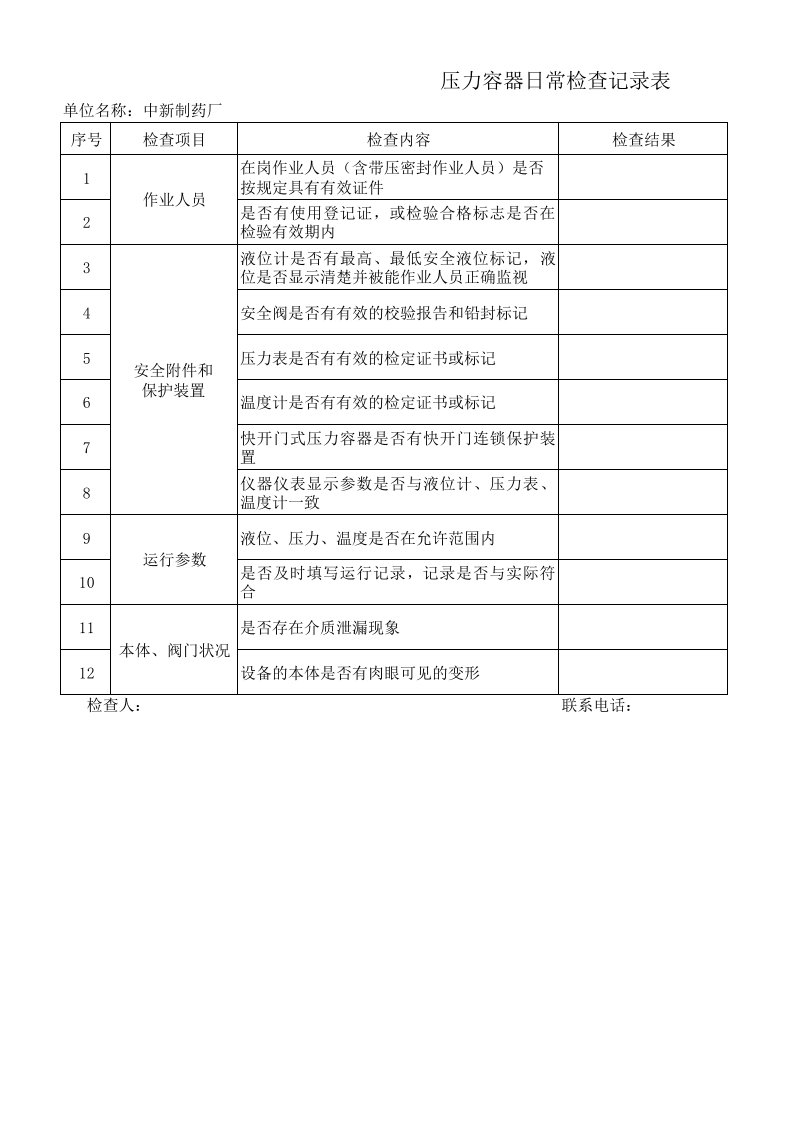 特种设备日常检查记录表