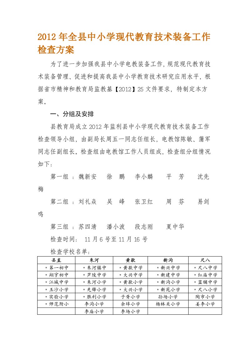 2012年全县中小学现代教育技术装备工作检查方案