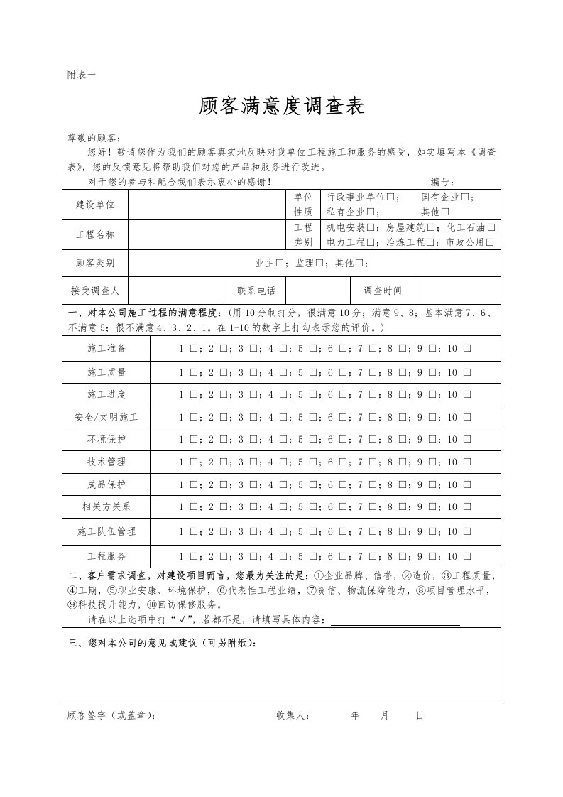 顾客满意度调查及工程回访表格