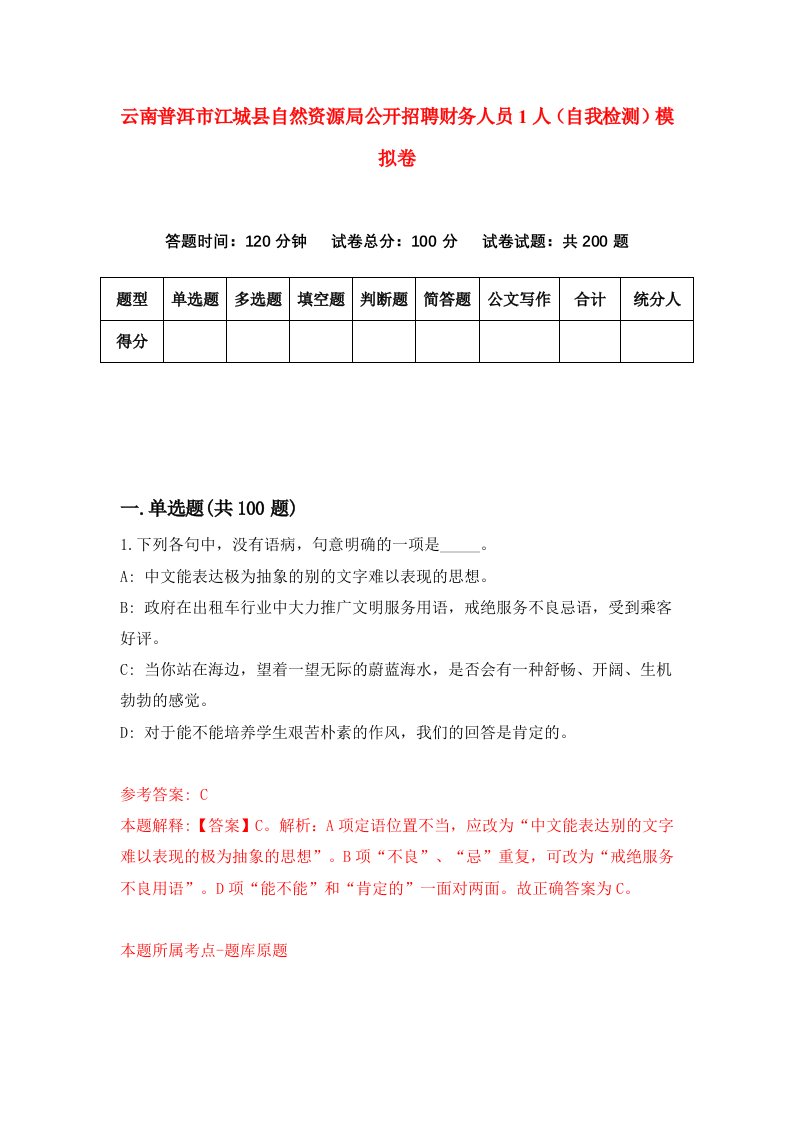 云南普洱市江城县自然资源局公开招聘财务人员1人自我检测模拟卷0