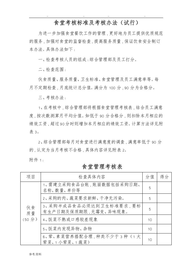 食堂考核标准与考核办法