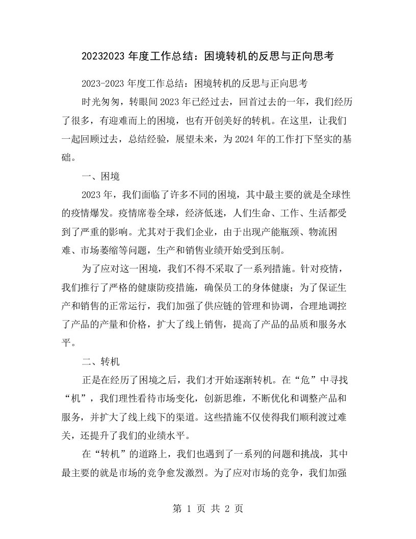 20232023年度工作总结：困境转机的反思与正向思考