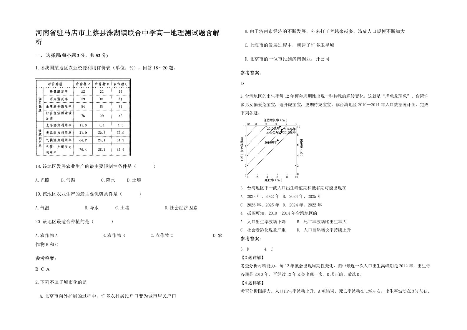 河南省驻马店市上蔡县洙湖镇联合中学高一地理测试题含解析