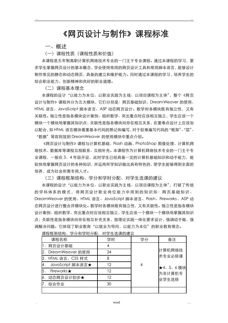 网页设计制作课程标准