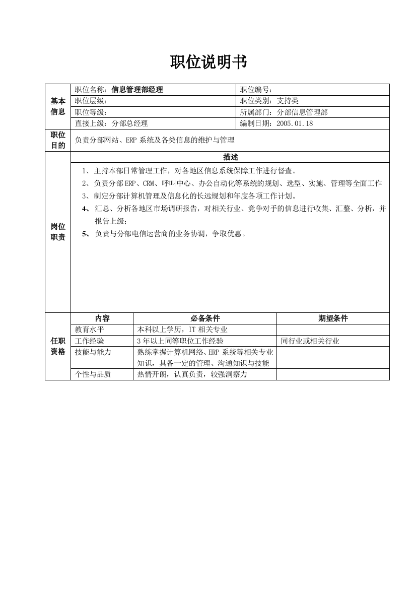 XX集团公司详细岗位说明书大全分部信息部职位说明书