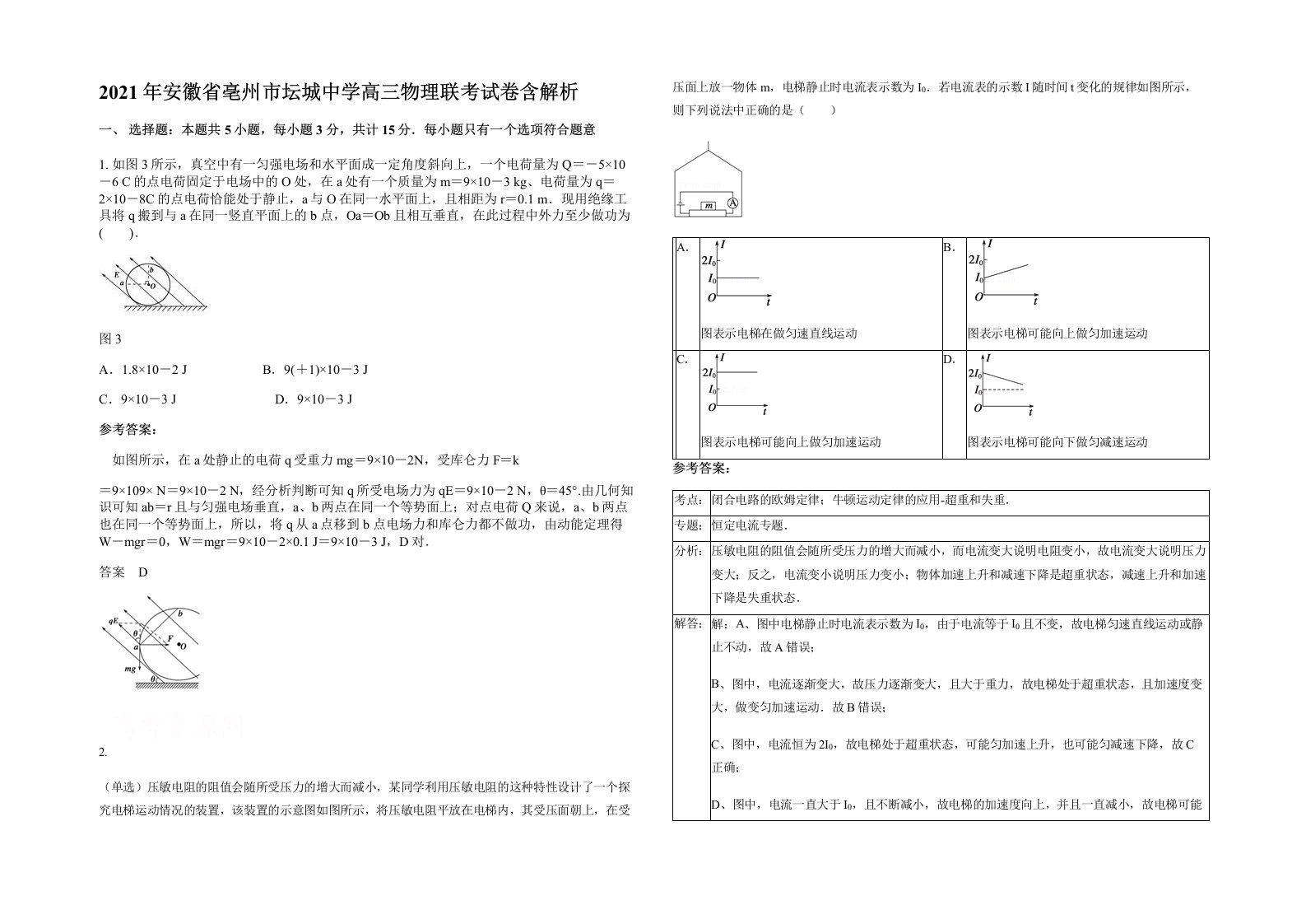 2021年安徽省亳州市坛城中学高三物理联考试卷含解析