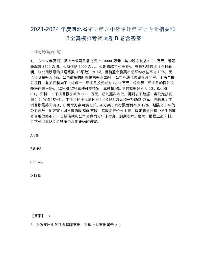 2023-2024年度河北省审计师之中级审计师审计专业相关知识全真模拟考试试卷B卷含答案