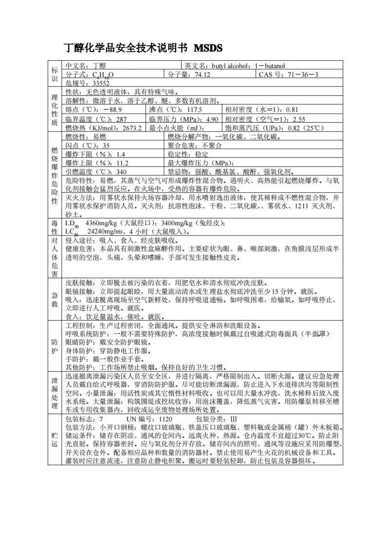 丁醇化学品安全技术说明书