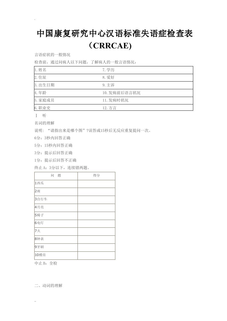 中国康复研究中心汉语标准失语症检查表