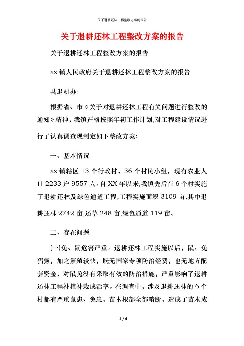 关于退耕还林工程整改方案的报告