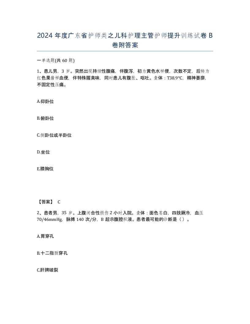 2024年度广东省护师类之儿科护理主管护师提升训练试卷B卷附答案