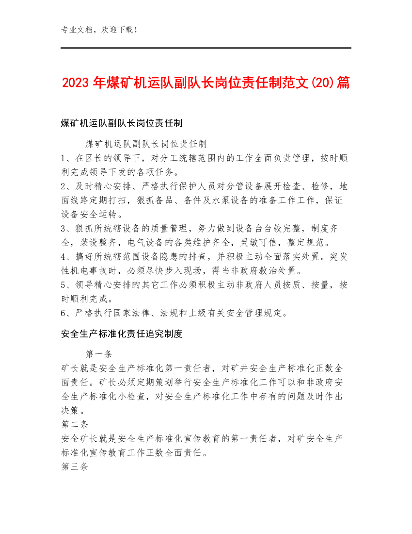 2023年煤矿机运队副队长岗位责任制范文(20)篇