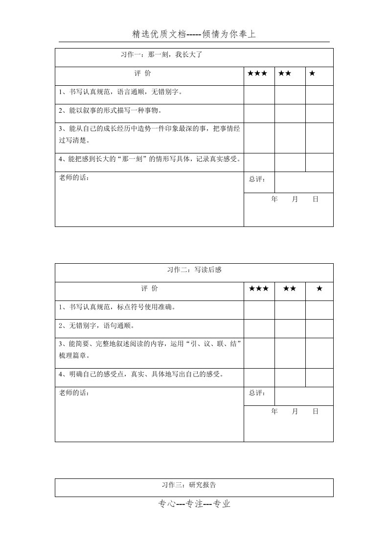 部编版五年级下册习作评价表(共4页)