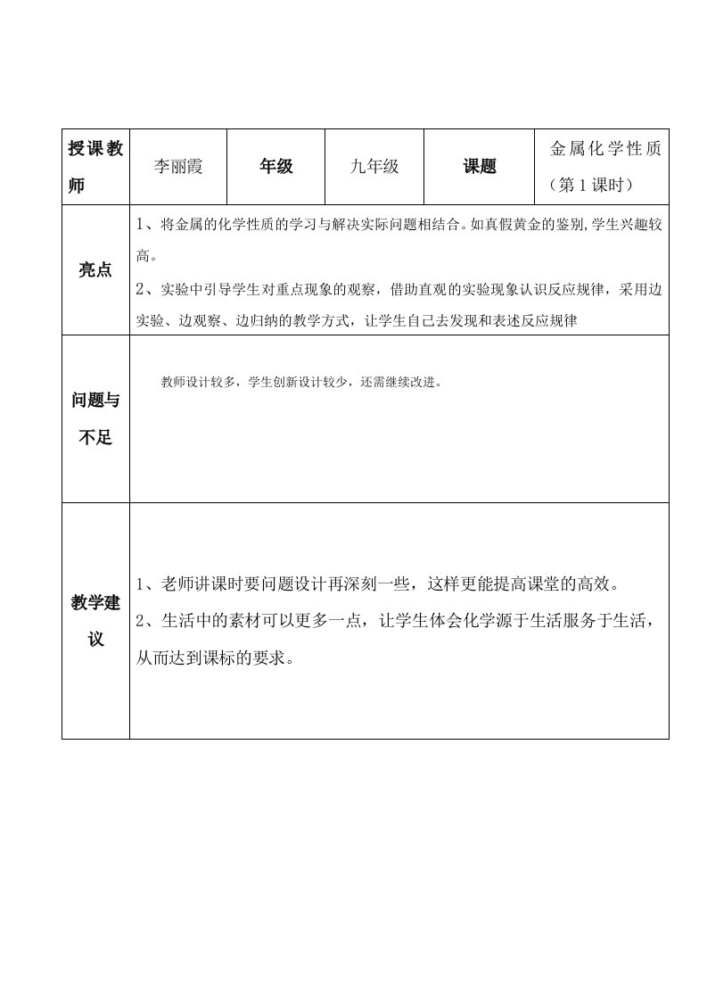 化学人教版九年级下册观课记录