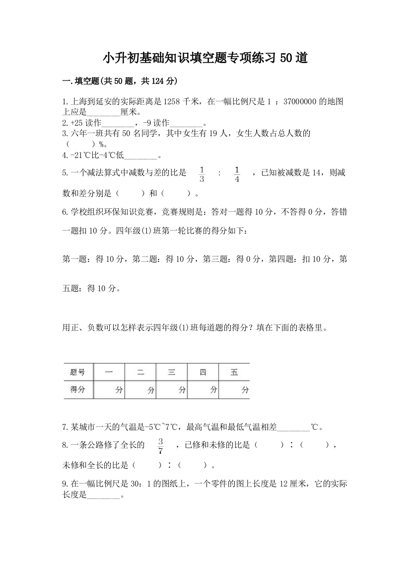 小升初基础知识填空题专项练习50道带答案【巩固】