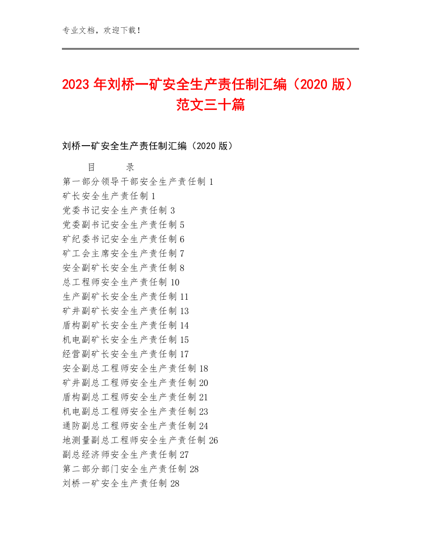 2023年刘桥一矿安全生产责任制汇编（2020版）范文三十篇