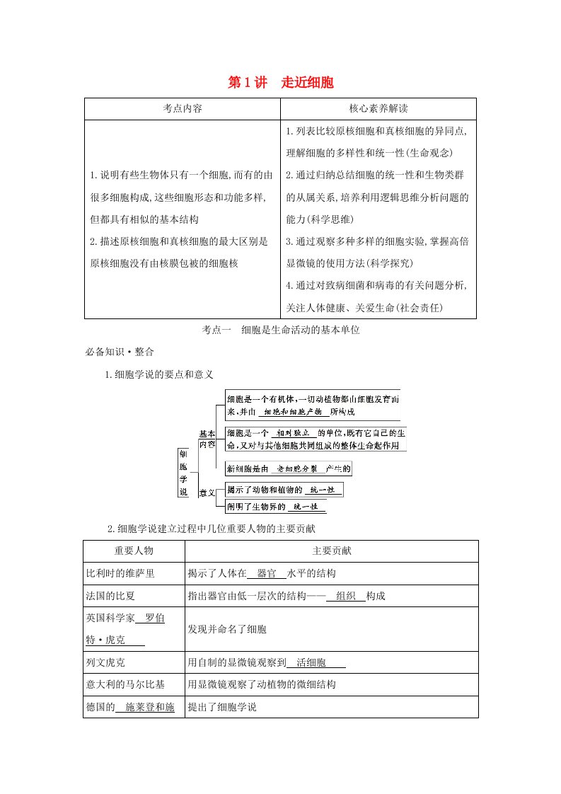 新教材高考生物总复习第1单元第1讲走近细胞教案