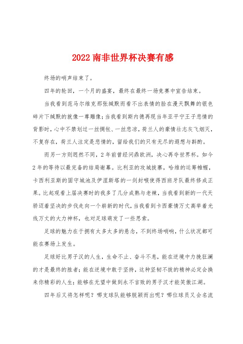 2022南非世界杯决赛有感