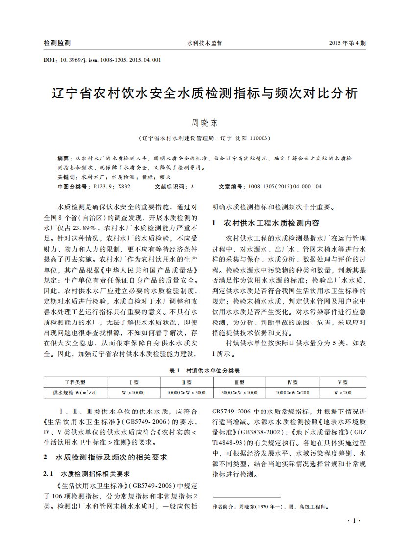 辽宁省农村饮水安全水质检测指标与频次对比分析