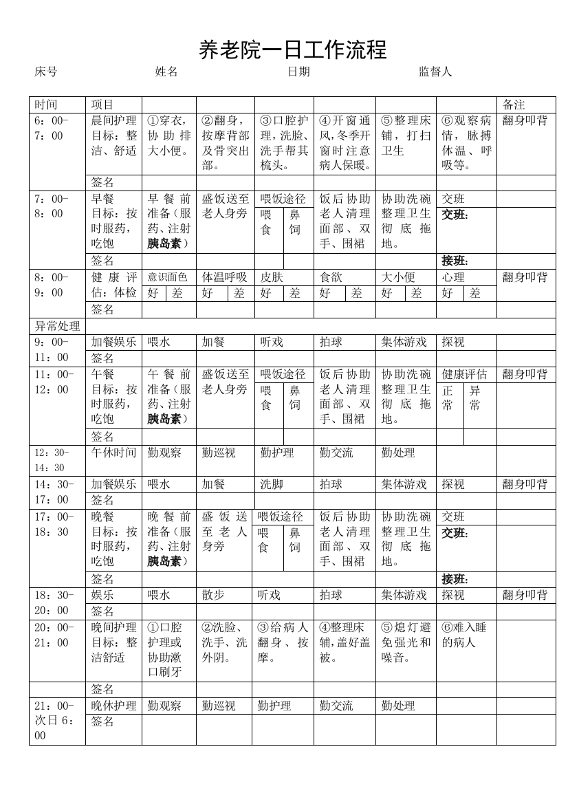 养老院一日工作流程