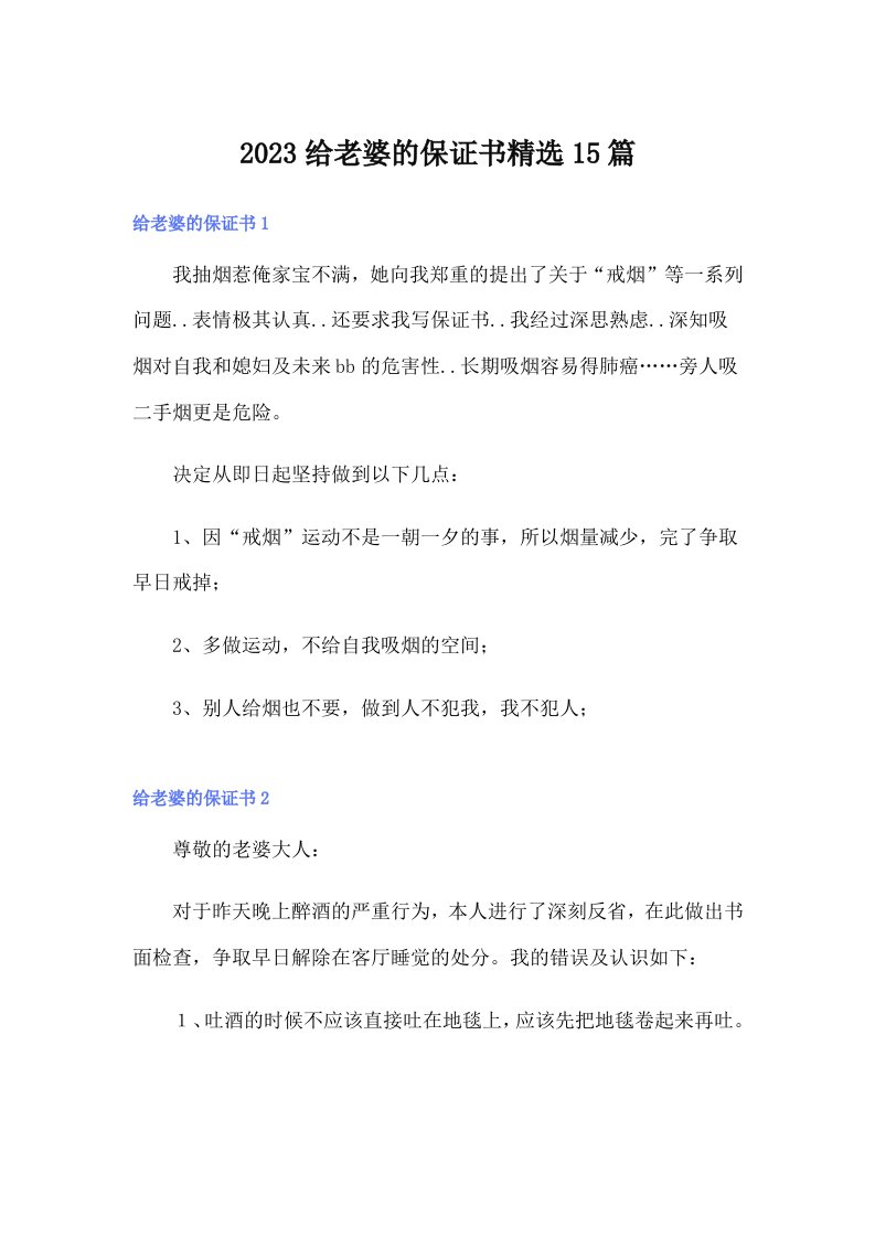 2023给老婆的保证书精选15篇