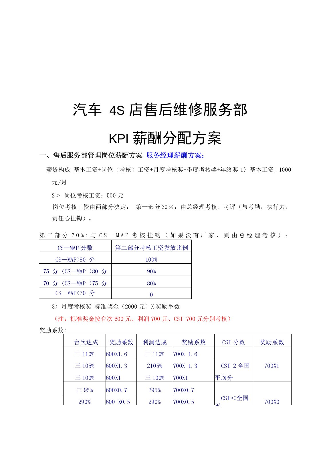 汽车4S店售后维修服务部KPI绩效考核薪酬分配方案