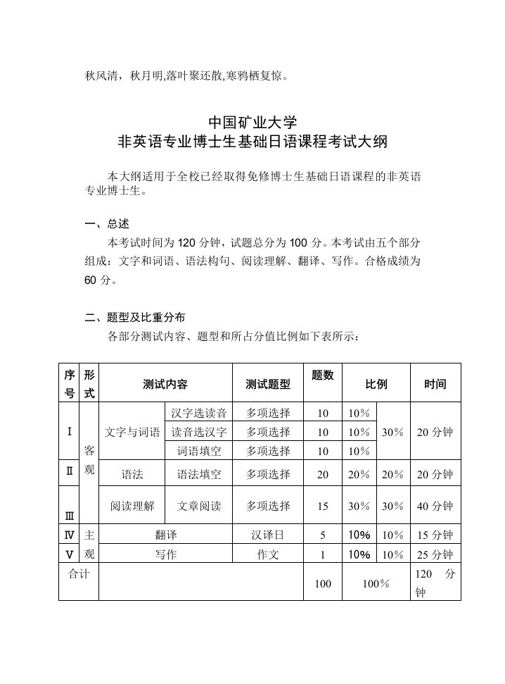 非英语专业博士生基础日语课程考试大纲