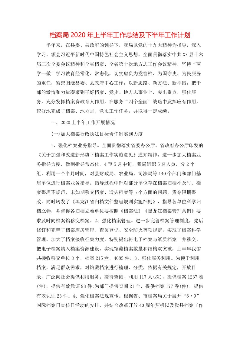 档案局2020年上半年工作总结及下半年工作计划