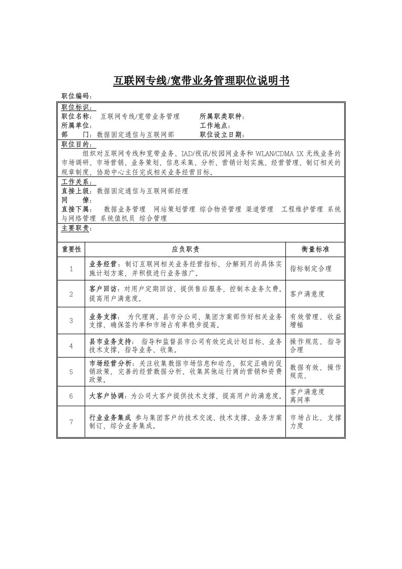 互联网专线、宽带业务管理职务描述