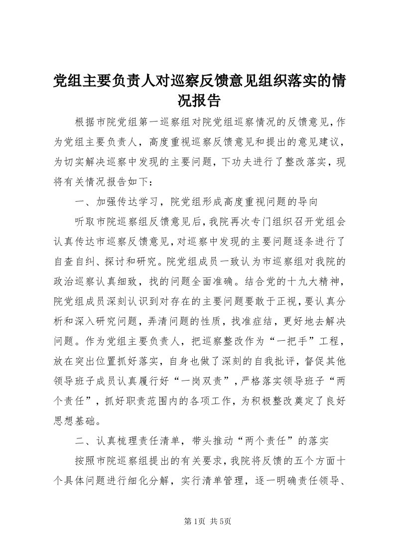 党组主要负责人对巡察反馈意见组织落实的情况报告