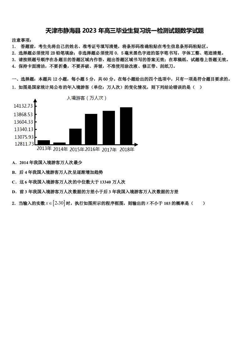 天津市静海县2023年高三毕业生复习统一检测试题数学试题含解析