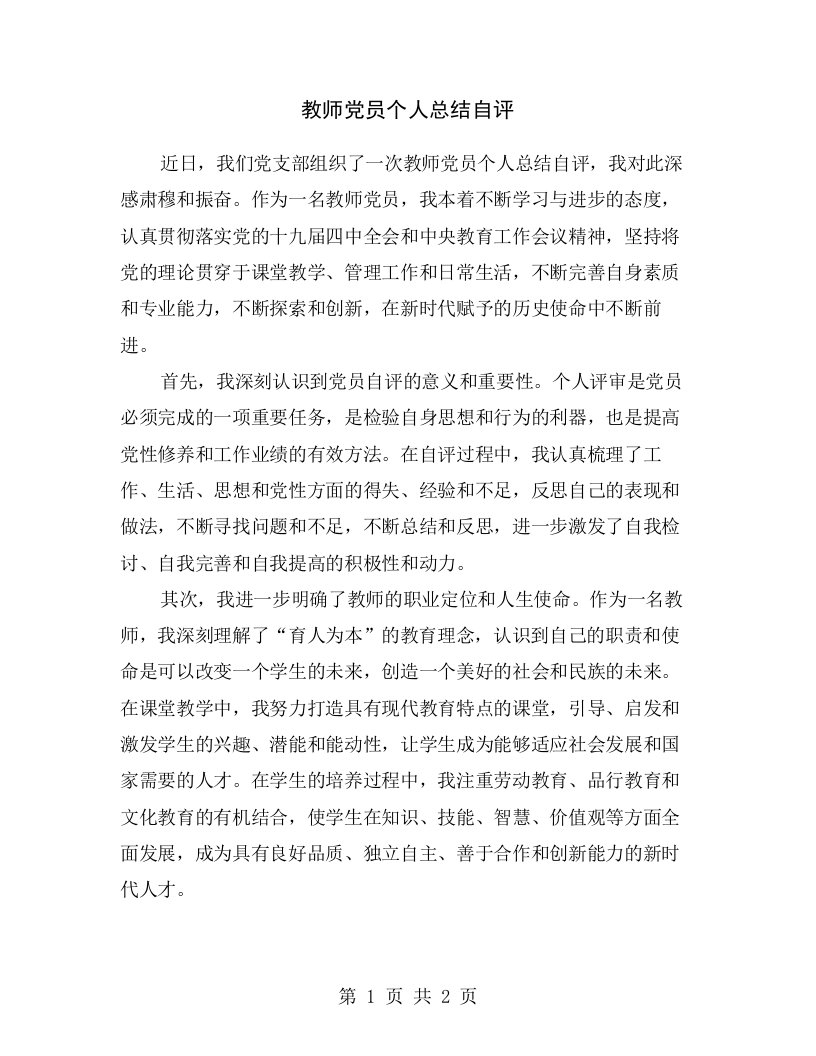 教师党员个人总结自评