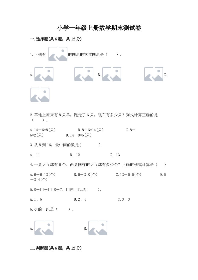 小学一年级上册数学期末测试卷（各地真题）