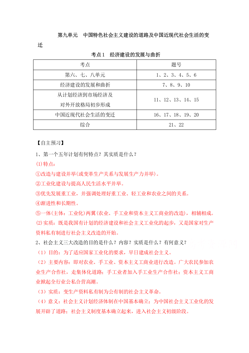 2017届高考历史一轮复习之优质学案：第九单元中国特色社会主义建设的道路及中国近现代社会生活的变迁